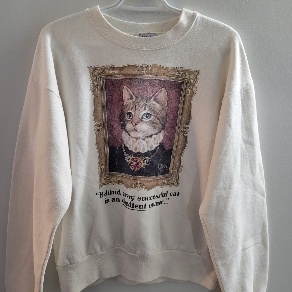 Vintage Volunteer Knit Apparel Victorian Cat Portrait Sweatshirt Size Medium